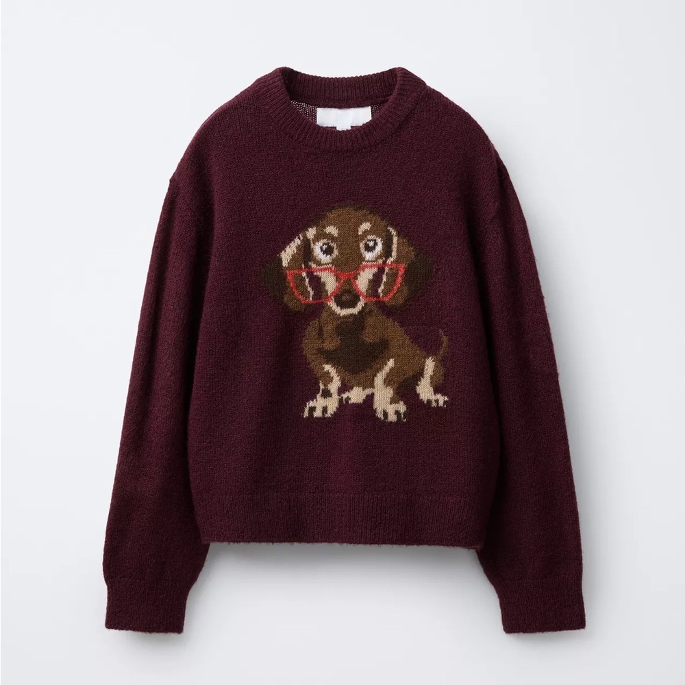 EMBROIDERED DOG KNIT SWEATER BURGUNDY